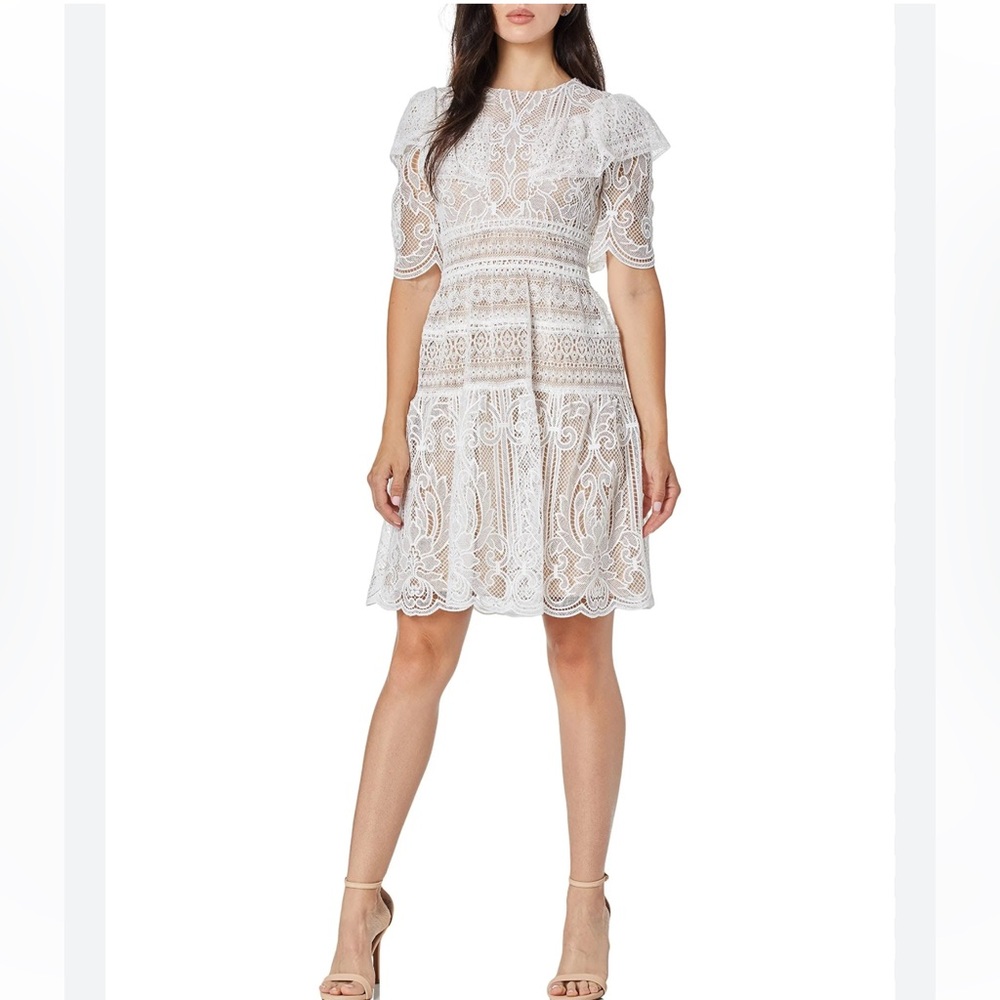 ML Monique Lhuillier White Lace Fit-and-Flare Mini Dress